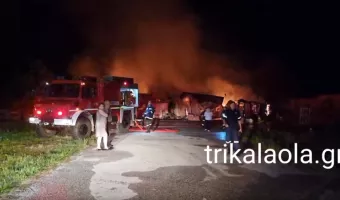 Μεγάλη πυρκαγιά σε εργοστάσιο ξυλείας στα Τρίκαλα