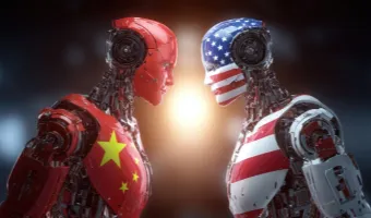 Two robots, one representing China and the other the USA