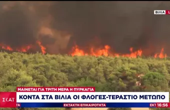 Eφιαλτικό σκηνικό στα Βίλια: Στις φλόγες μεγάλη δασική έκταση και σπίτια