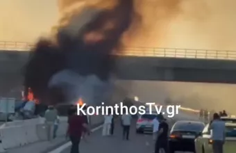 Εθνική Αθηνών – Κορίνθου: Στις φλόγες τυλίχθηκε νταλίκα (video)