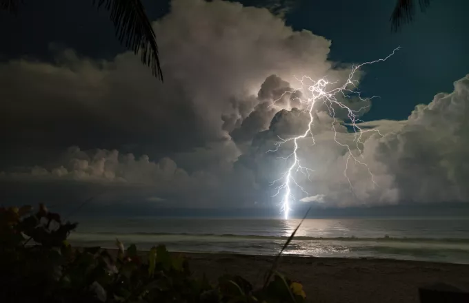 Severe lightning storm over the ocean