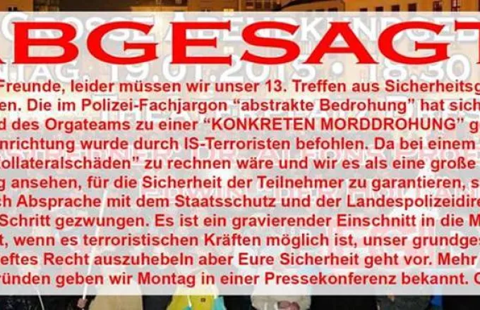 Γερμανία: Το Pegida ματαίωσε διαδήλωση στη Δρέσδη έπειτα από ισλαμιστικές απειλές