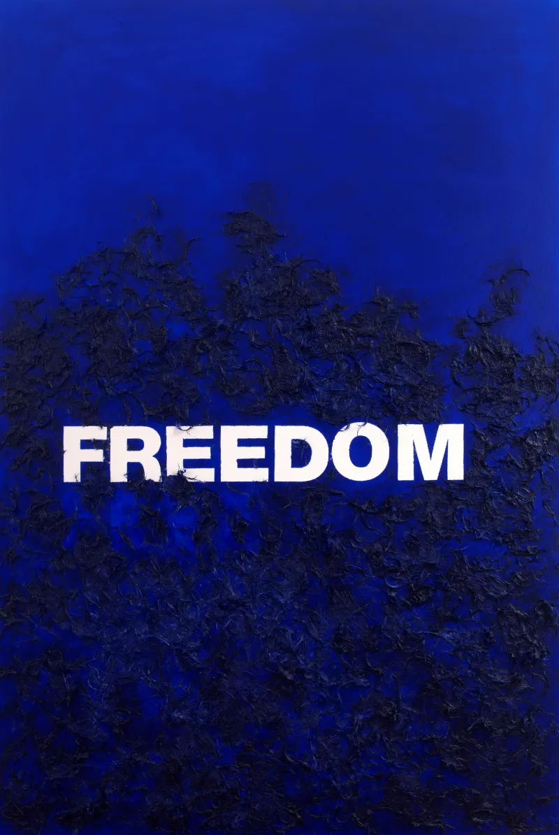 Freedom [Ελευθερία], 2026, ακρυλικό και φτερά 