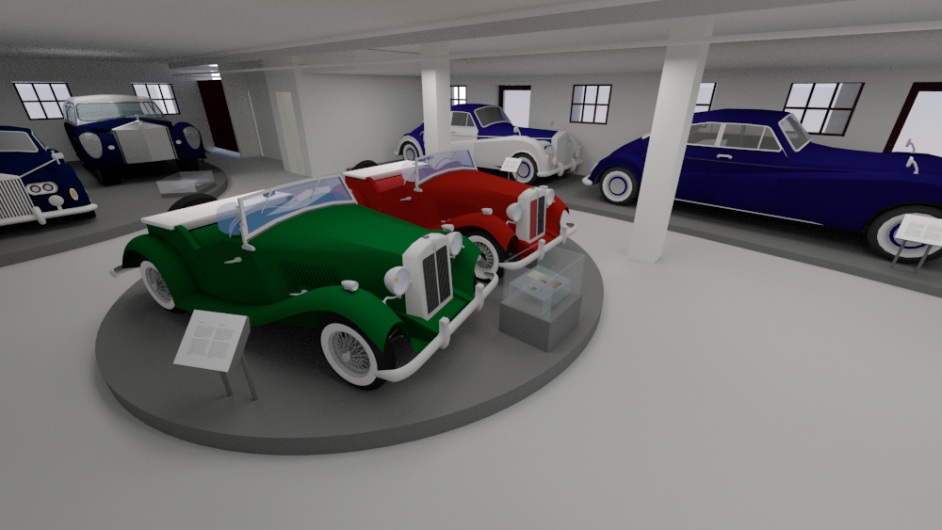 Photorealistic illustration of the exhibition section with royal cars