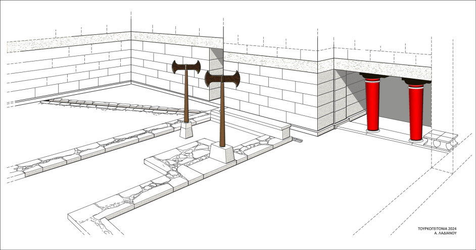 Design development of the southern entrance of the palace with two bases for double chisels