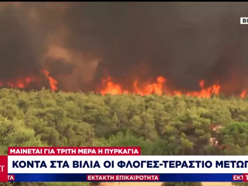 Eφιαλτικό σκηνικό στα Βίλια: Στις φλόγες μεγάλη δασική έκταση και σπίτια
