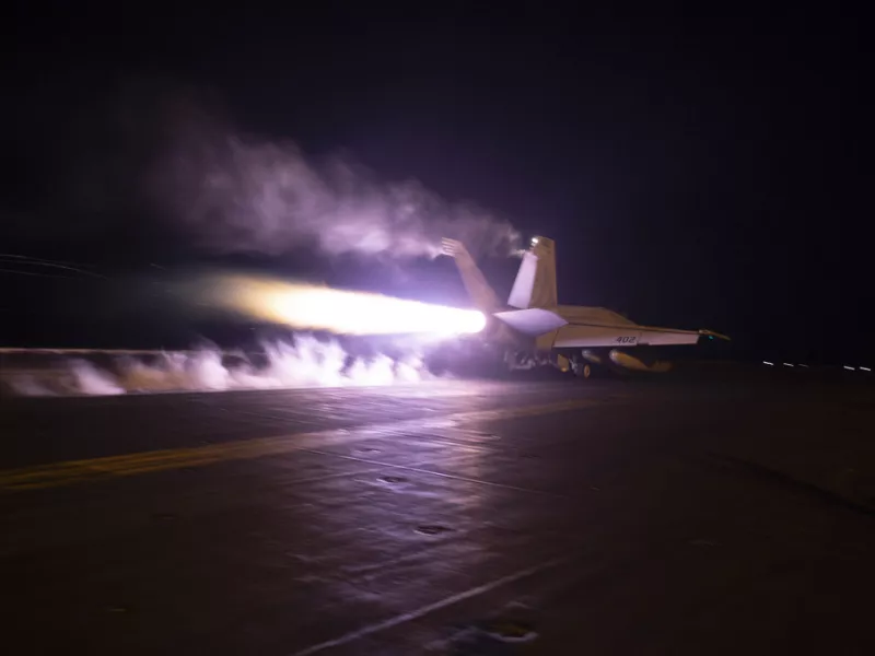 Αircraft launching from USS Dwight D. Eisenhower (CVN 69) during flight operations in the Red Sea